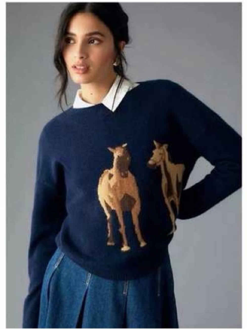 Maeve Navy Cashmere Sweater with Horse Intarsia